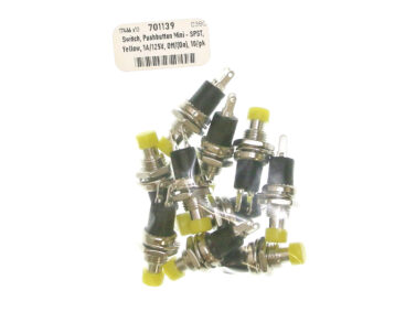 Switch, Pushbutton Mini - SPST, Yellow, 1A/125V, Off/(On), 10/pk
