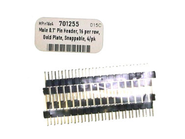 Male 0.1" Pin Header, 16 per row,  Gold Plate, Snappable, 4/pk