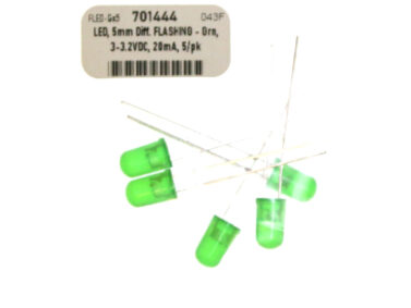 LED, 5mm Diff. FLASHING - Grn, 3-3.2VDC, 20mA, 5/pk