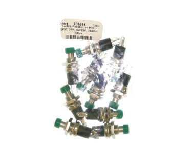 Switch, Pushbutton Mini - SPST, GRN, 1A/125V, Off/(On), 10/pk